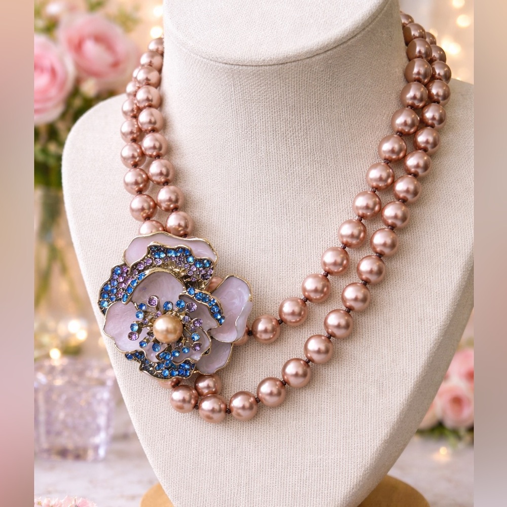 Exquisite Double Strand Pink Faux Pearl Necklace with Ornate Floral Pendant